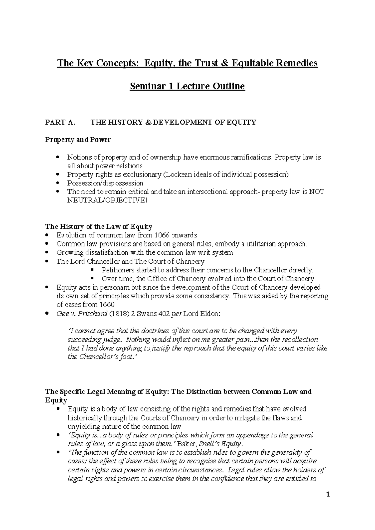 Lecture 1 Handout: Key Concepts in Equity & Trusts (Seminar 1) - Studocu