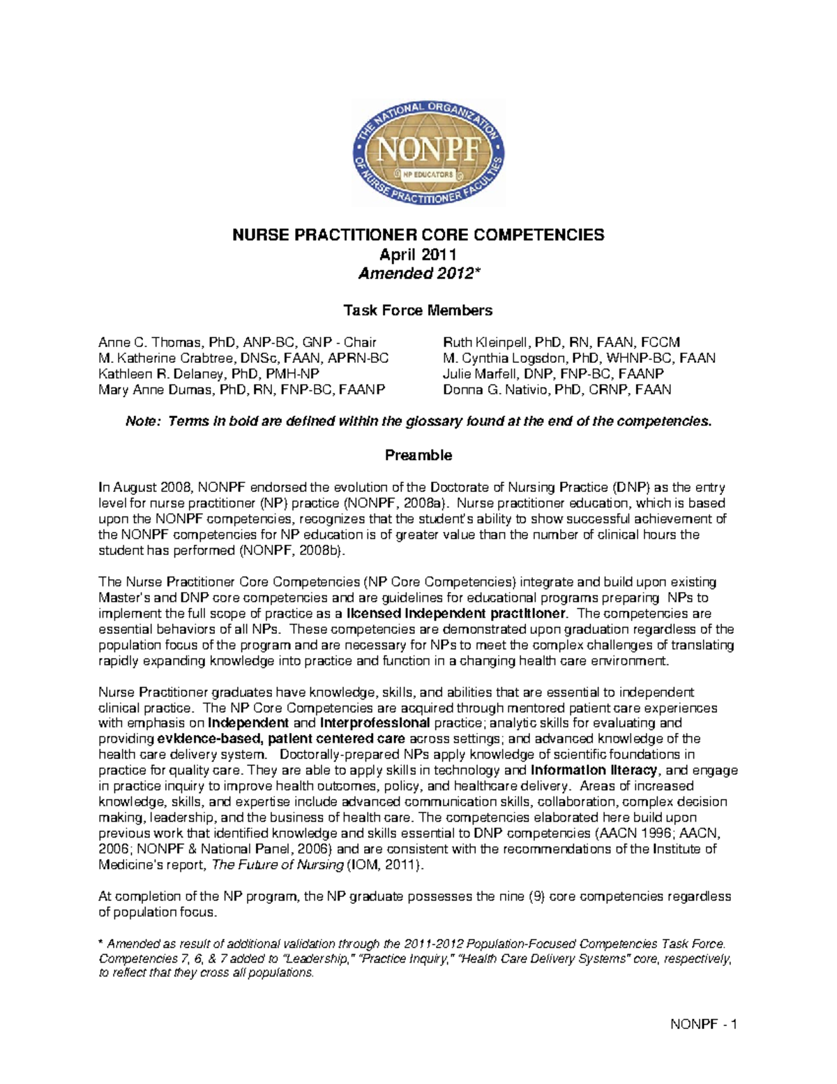 NURSE PRACTITIONER CORE COMPETENCIES - FINAL 2012 Document - Studocu