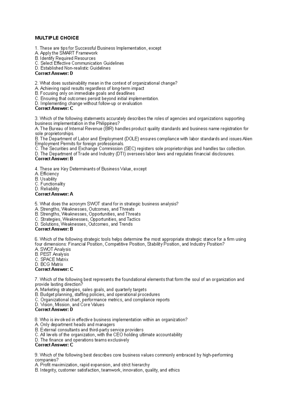 BUS 101: Multiple Choice Questions on Business Implementation ...