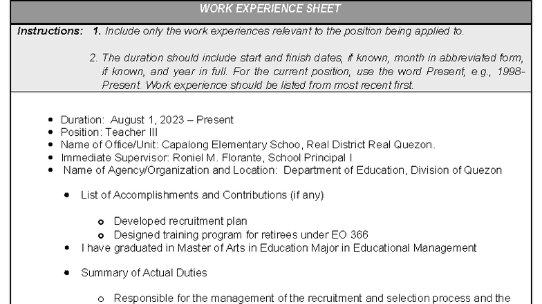 2025 - CS Form No. 212: Work Experience Sheet for Teachers - Studocu