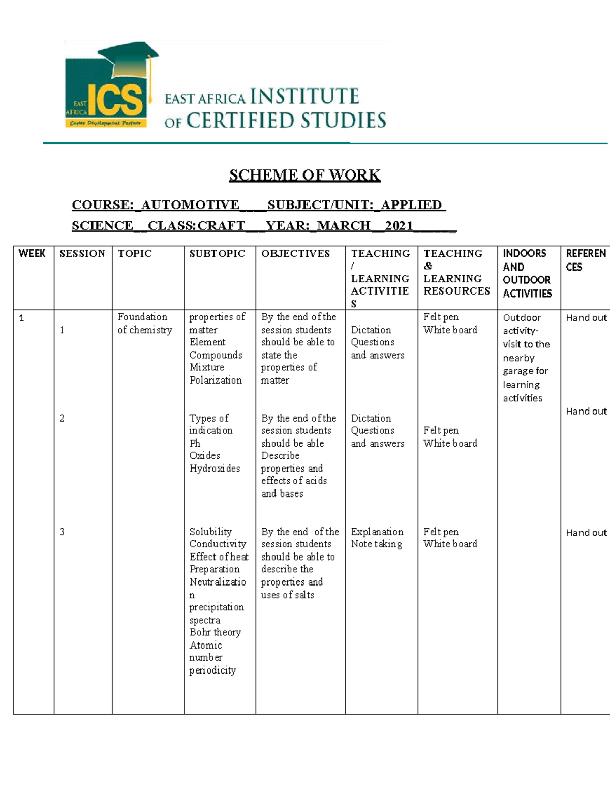 SCHEME OF WORK: WEEK 1 - APPLIED SCIENCE (AS 101) - Studocu