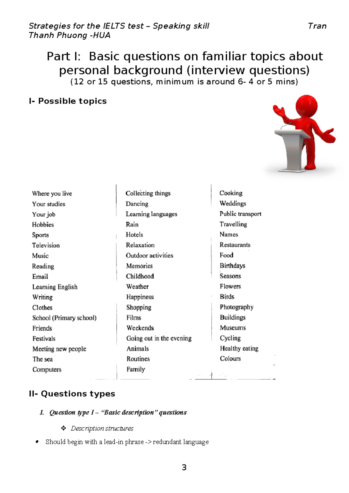 IELTS Speaking Skill Strategies: Part I - Basic Questions Guide - Studocu