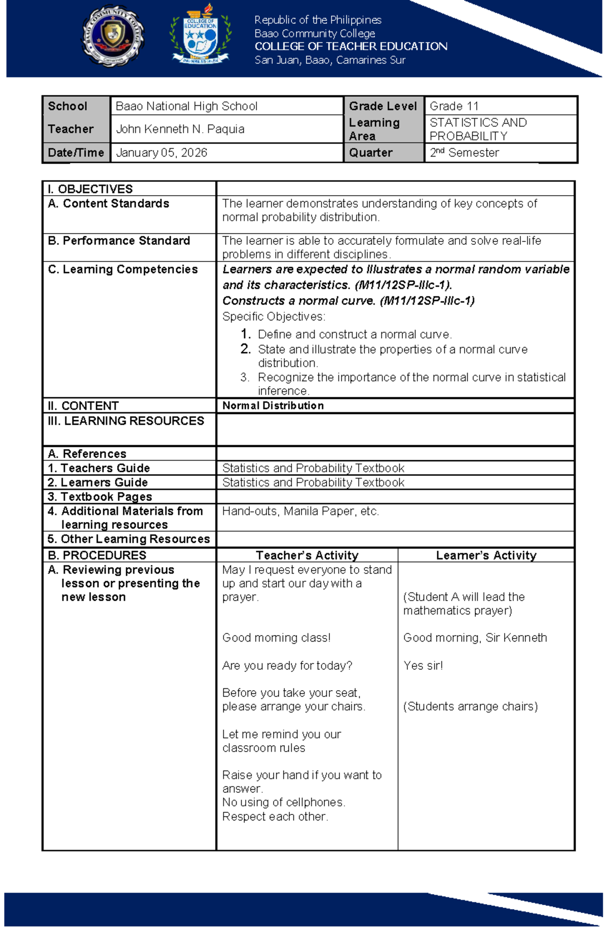 Final DLP 1 - Detailed Lesson Plan in Statistics and Probability (Grade ...