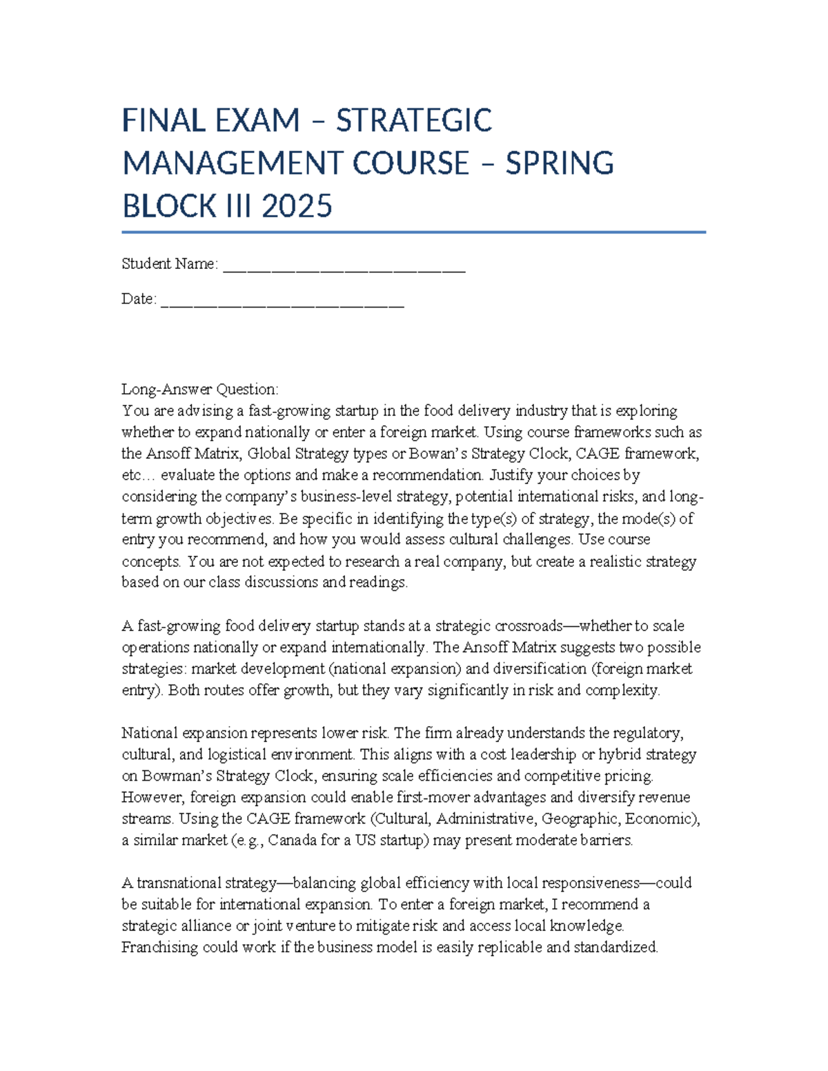Strategic Management Final Exam Sample - Spring Block 2025 - Studocu