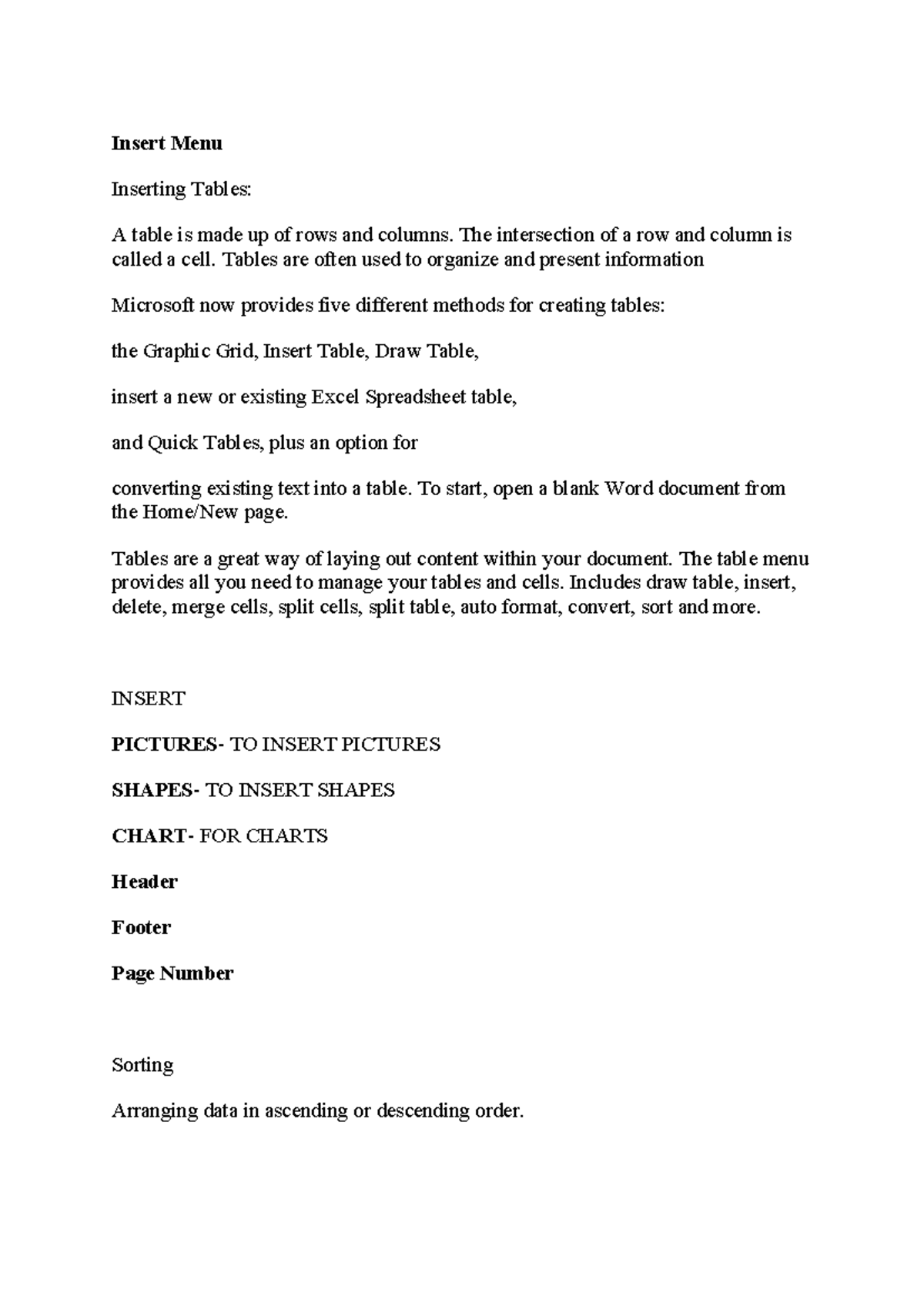 1.5 IT Skills LAB 1 - notes - Insert Menu Inserting Tables: A table is ...