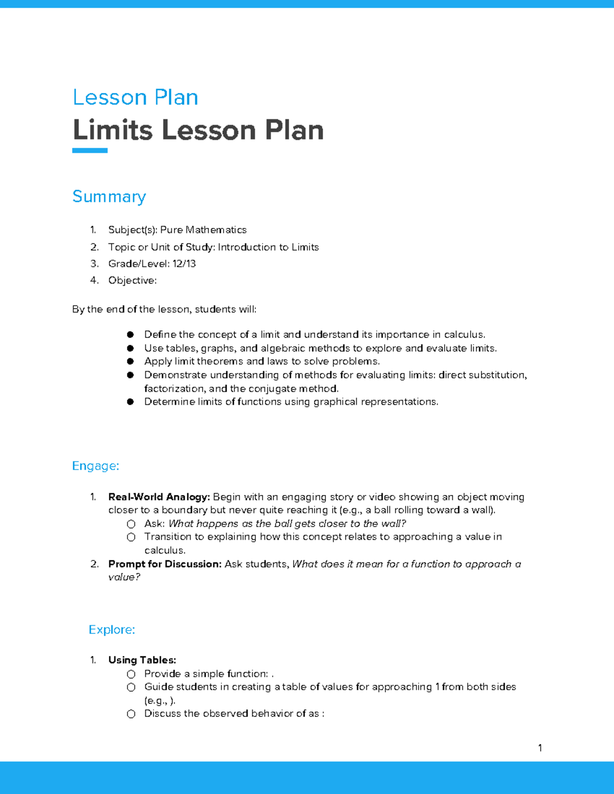 Limits Lesson Plan for Grade 12 Pure Mathematics (Intro to Limits ...