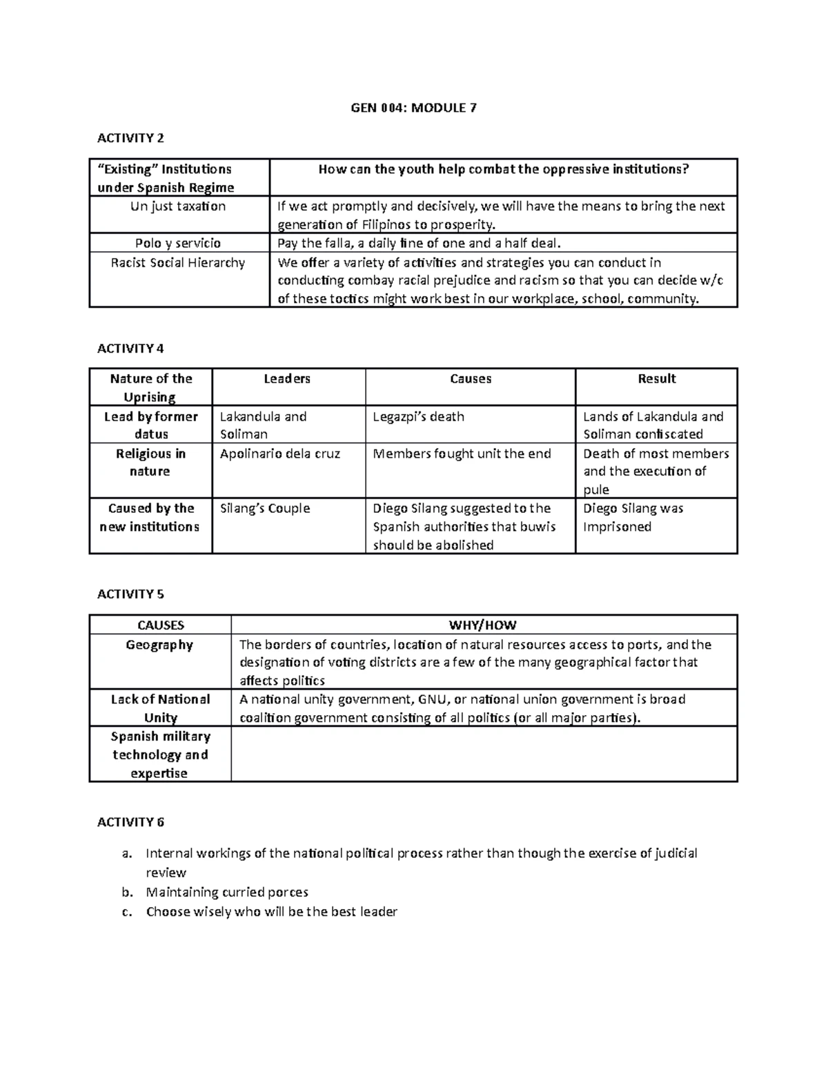 GEN 003 - Lesson 6 - GEN 003: LESSON 6 ACTIVITY 1 What I know Questions ...