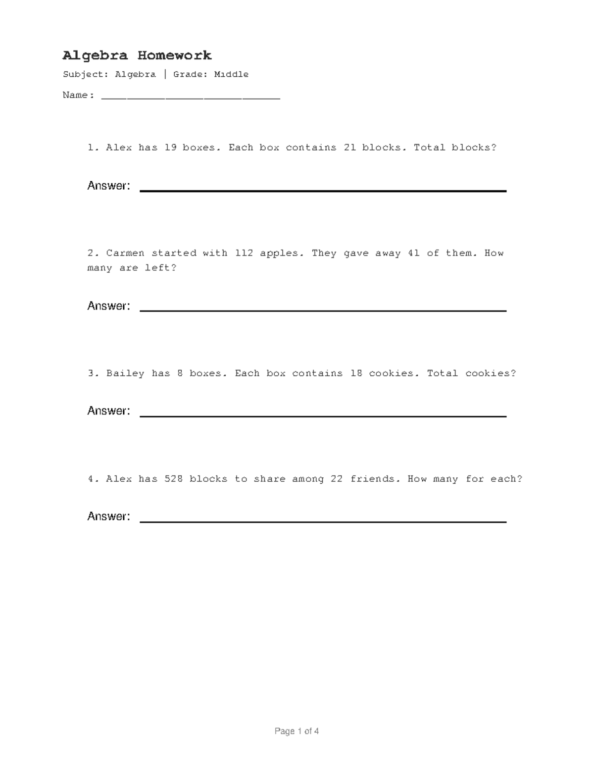 Algebra Homework 9 - Middle School Practice Problems - Studocu