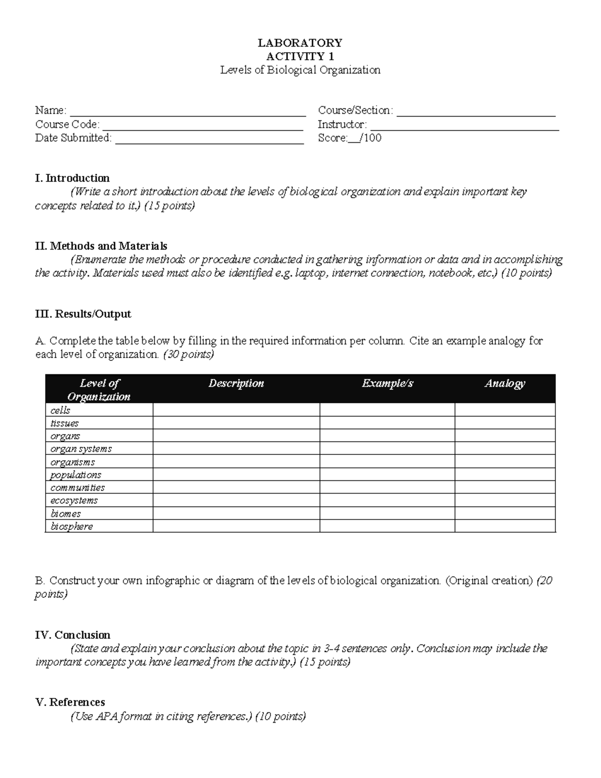 LAB Activity: Levels of Biological Organization - Course Code ...