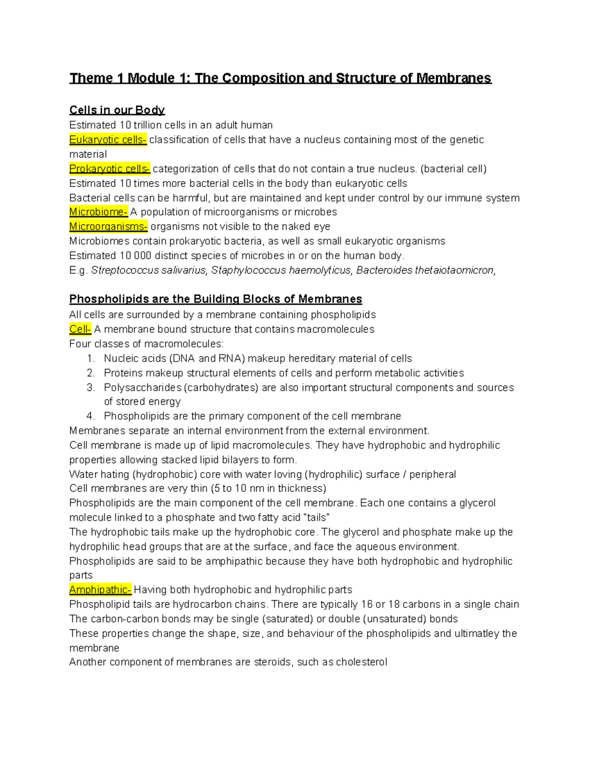 Biology 1A03: Theme 1 Module 1 - Cell Structure & Membrane Function ...