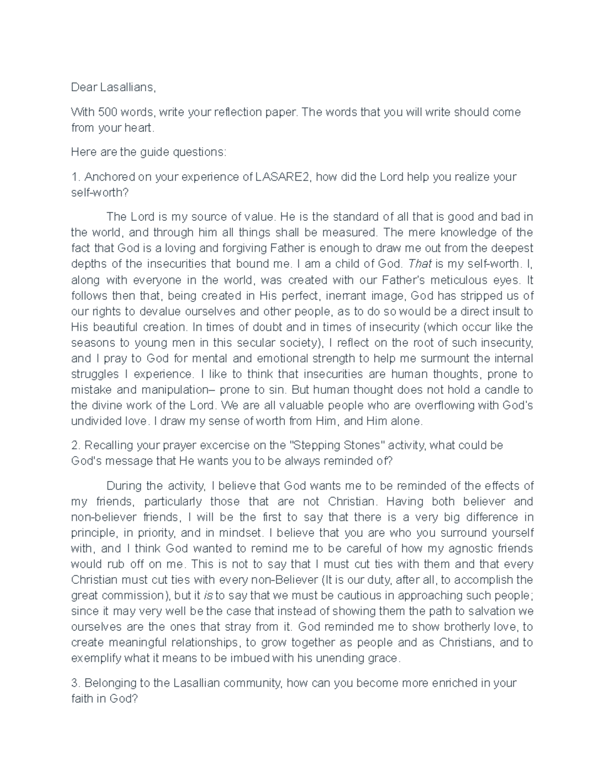 Co, Gabriel - LASARE 2 Reflection Paper on Faith and Community - Studocu