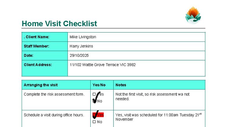 Home Visit Checklist for Client Mike - Staff: Harry Jenkins - Studocu