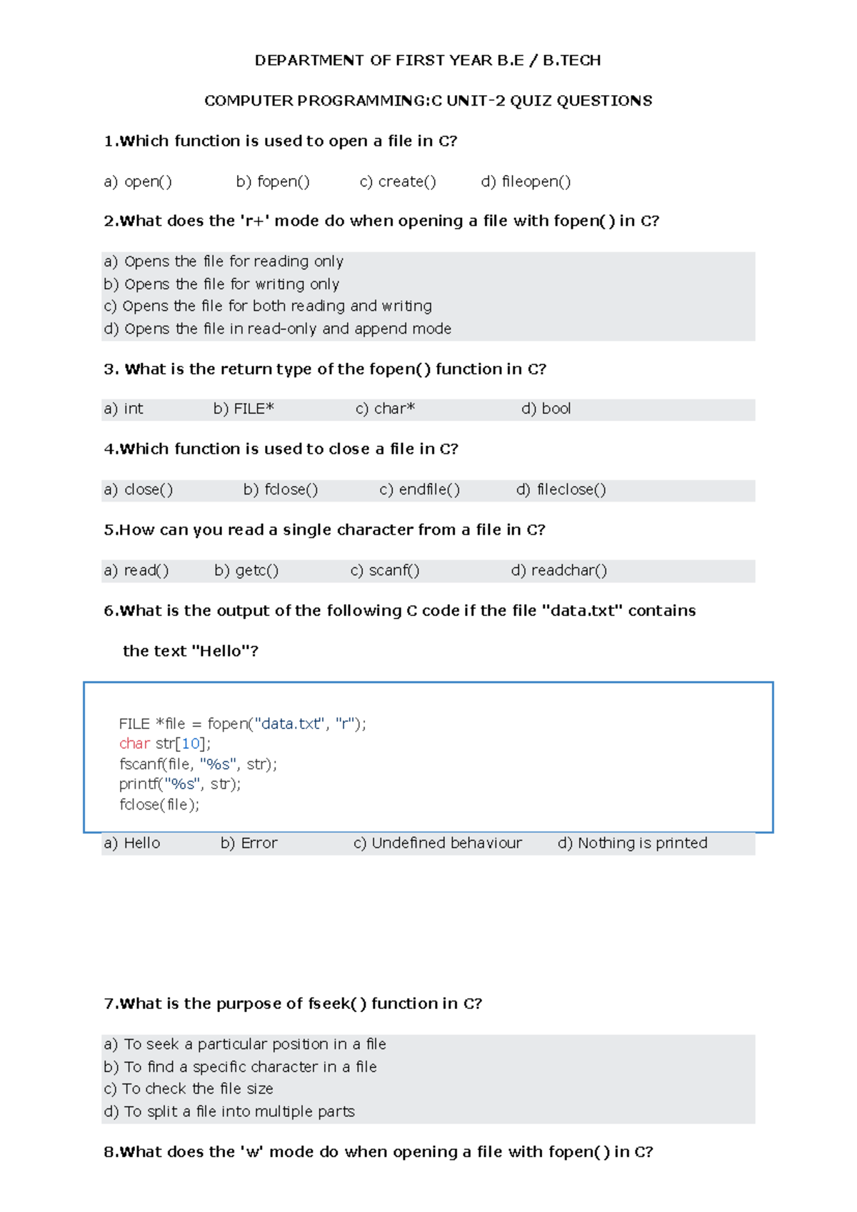 B.E B.Tech Computer Programming: C Quiz Questions - Studocu