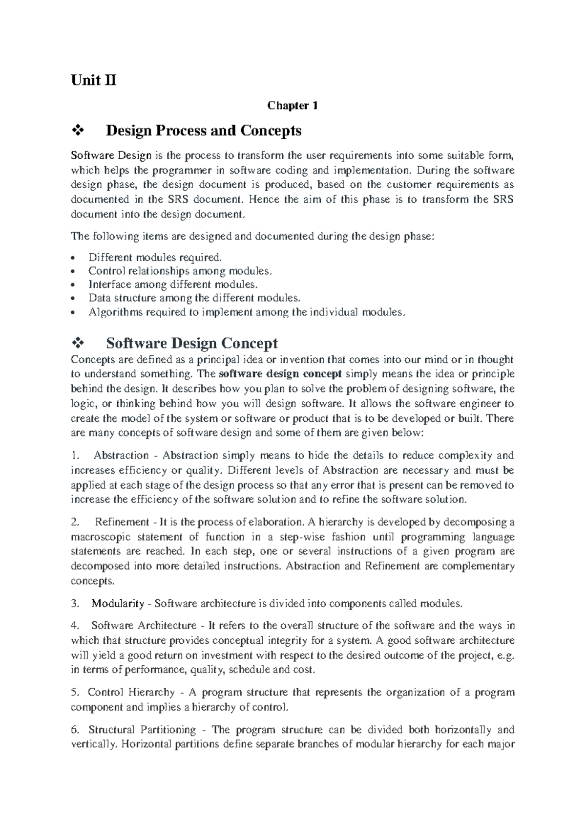 Unit II Chapter 1: Software Design Process and Concepts Notes - Studocu