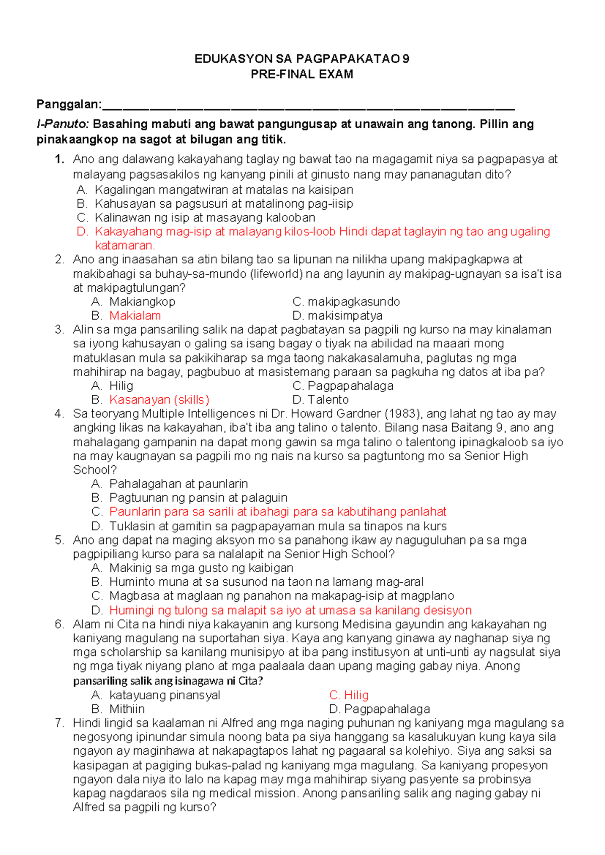 PRE-FINAL EXAM REVISION FOR ESP 9: ESSENTIAL QUESTIONS AND TOPICS - Studocu