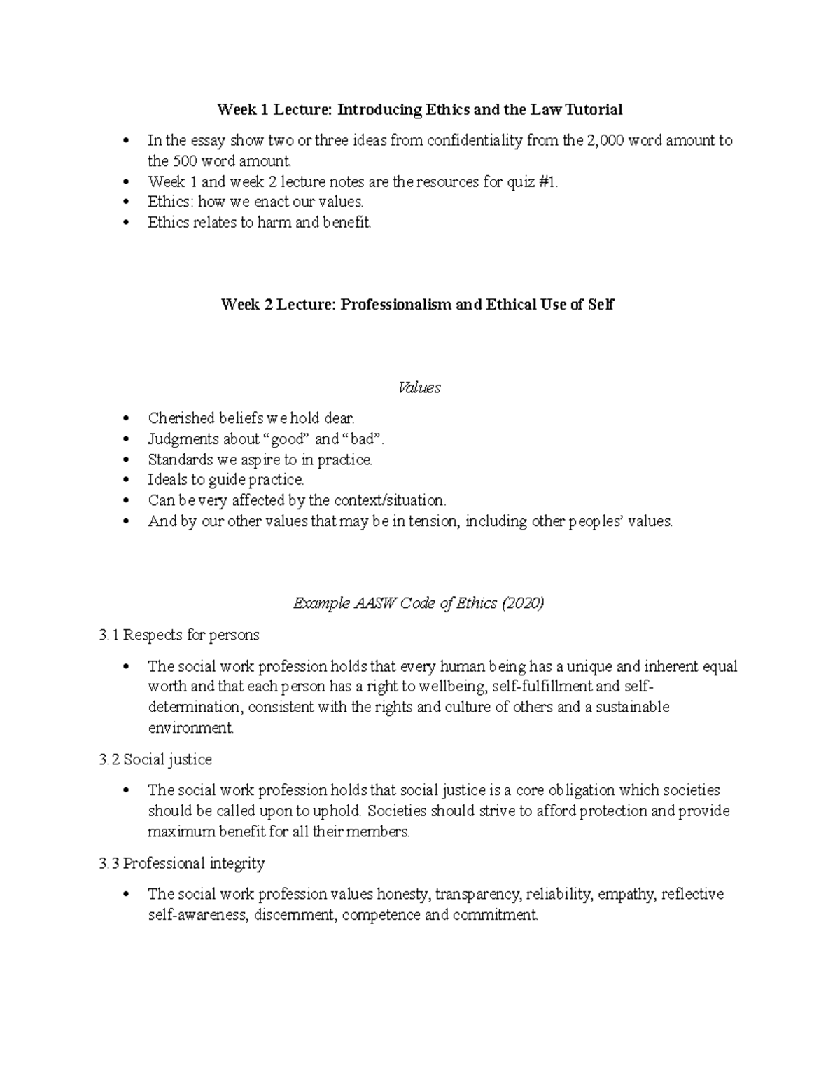 SWK278 Week 1 & 2 Lecture Notes: Ethics and Professionalism Insights ...