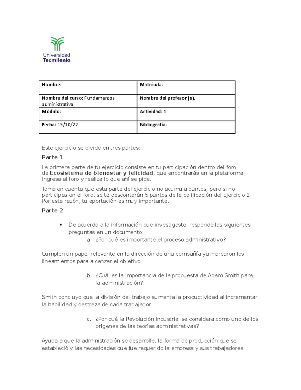 Act 1 fundamentos de administarcion - Nombre: Matrícula: Nombre del ...