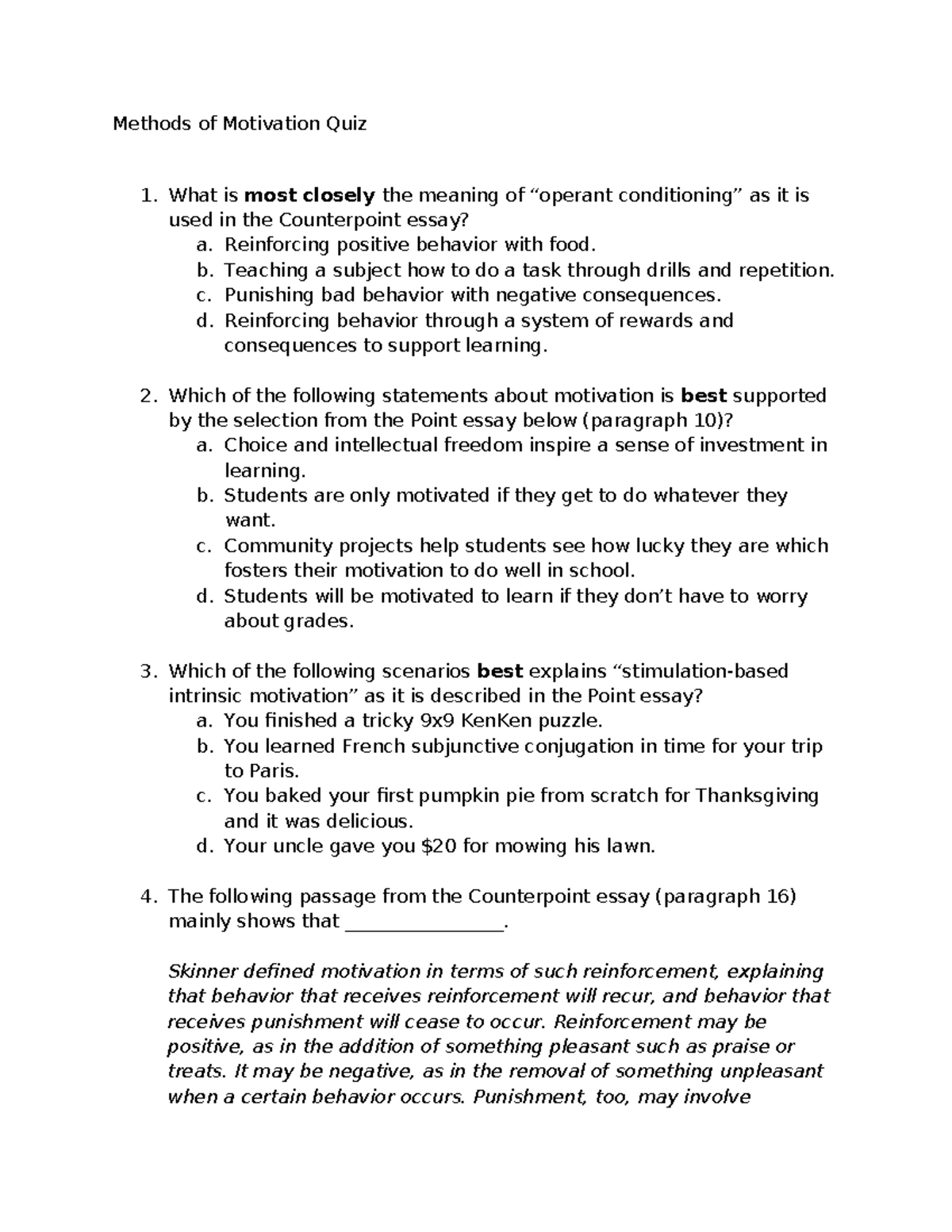 Methods of Motivation - Quiz 1: Understanding Intrinsic and Extrinsic ...