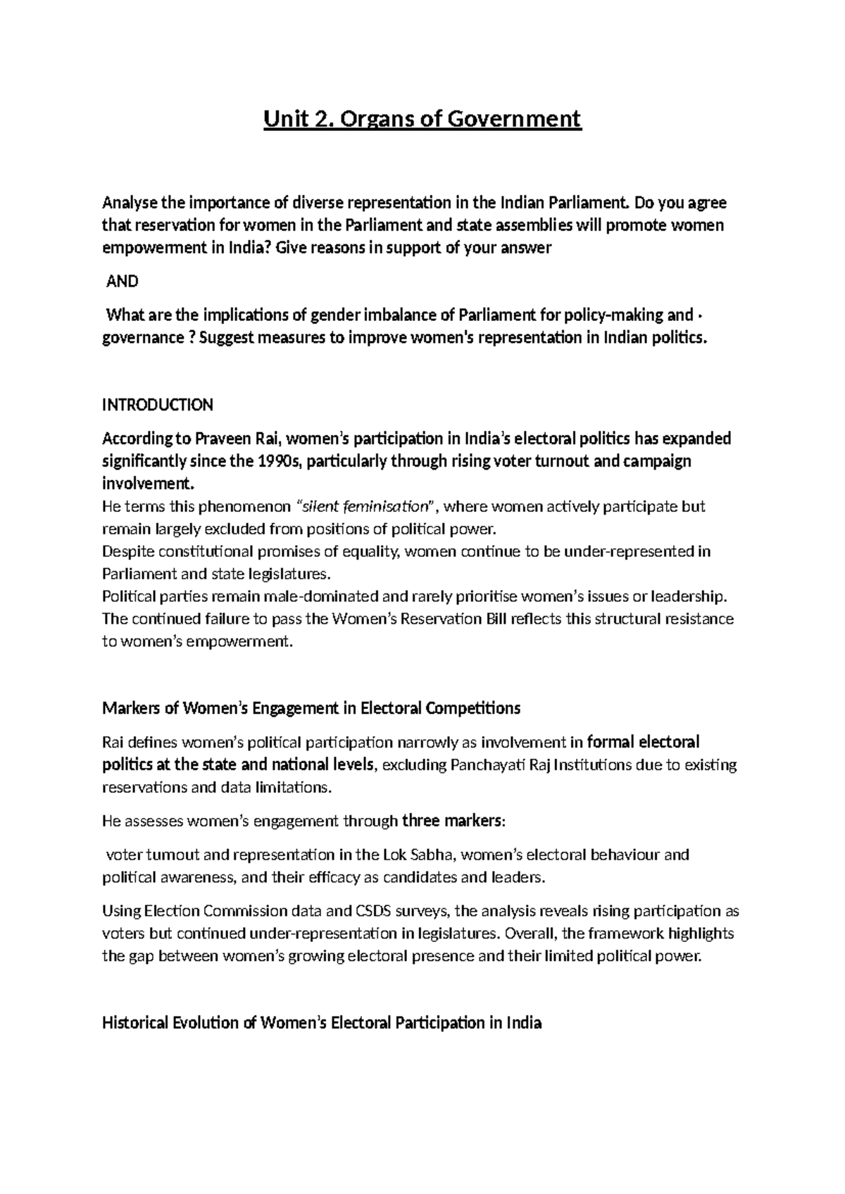 Unit 2: Organs of Government - Women's Representation & Presidential ...