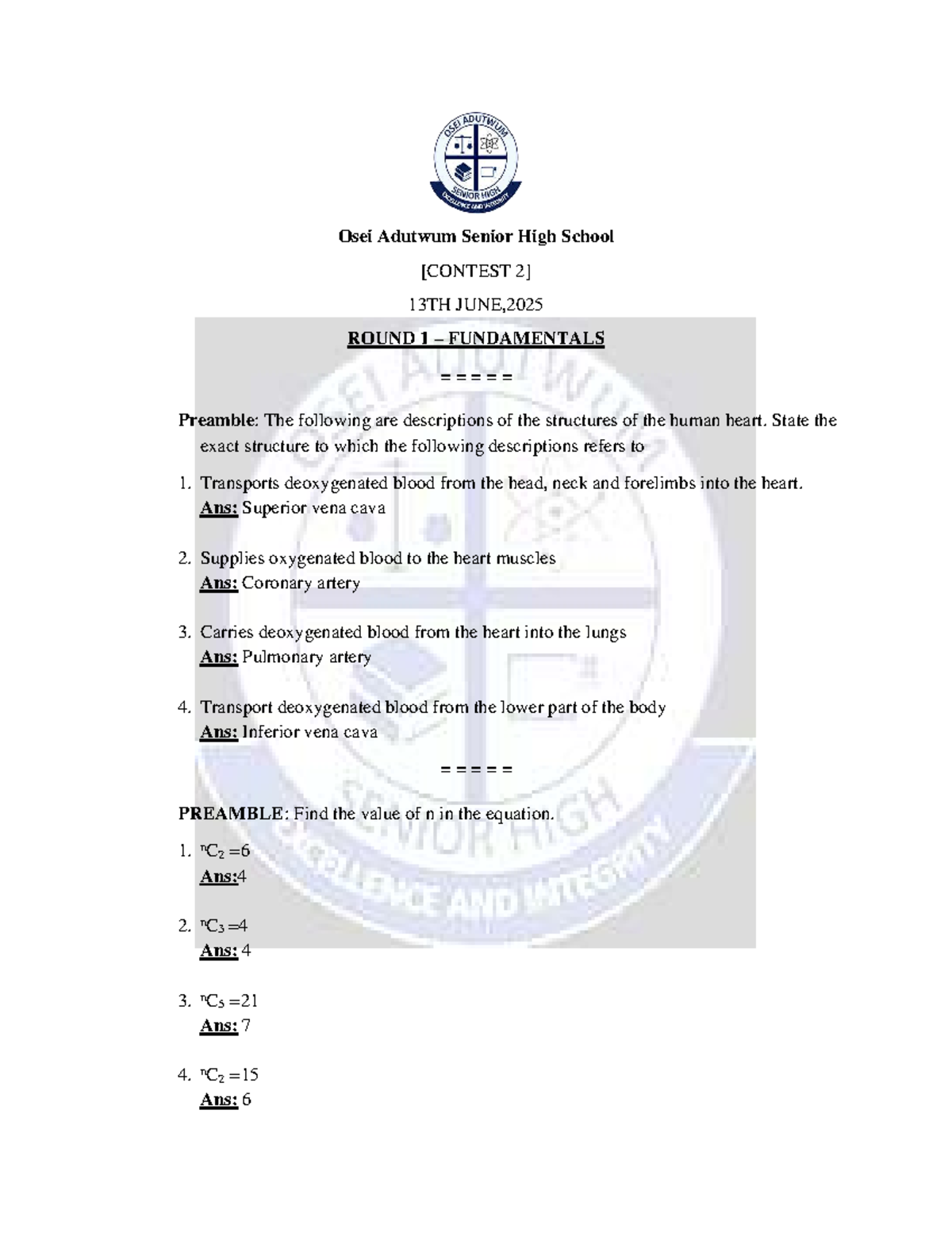 Osei Adutwum Senior High School Contest 2-10 Practice Work Notes - Studocu