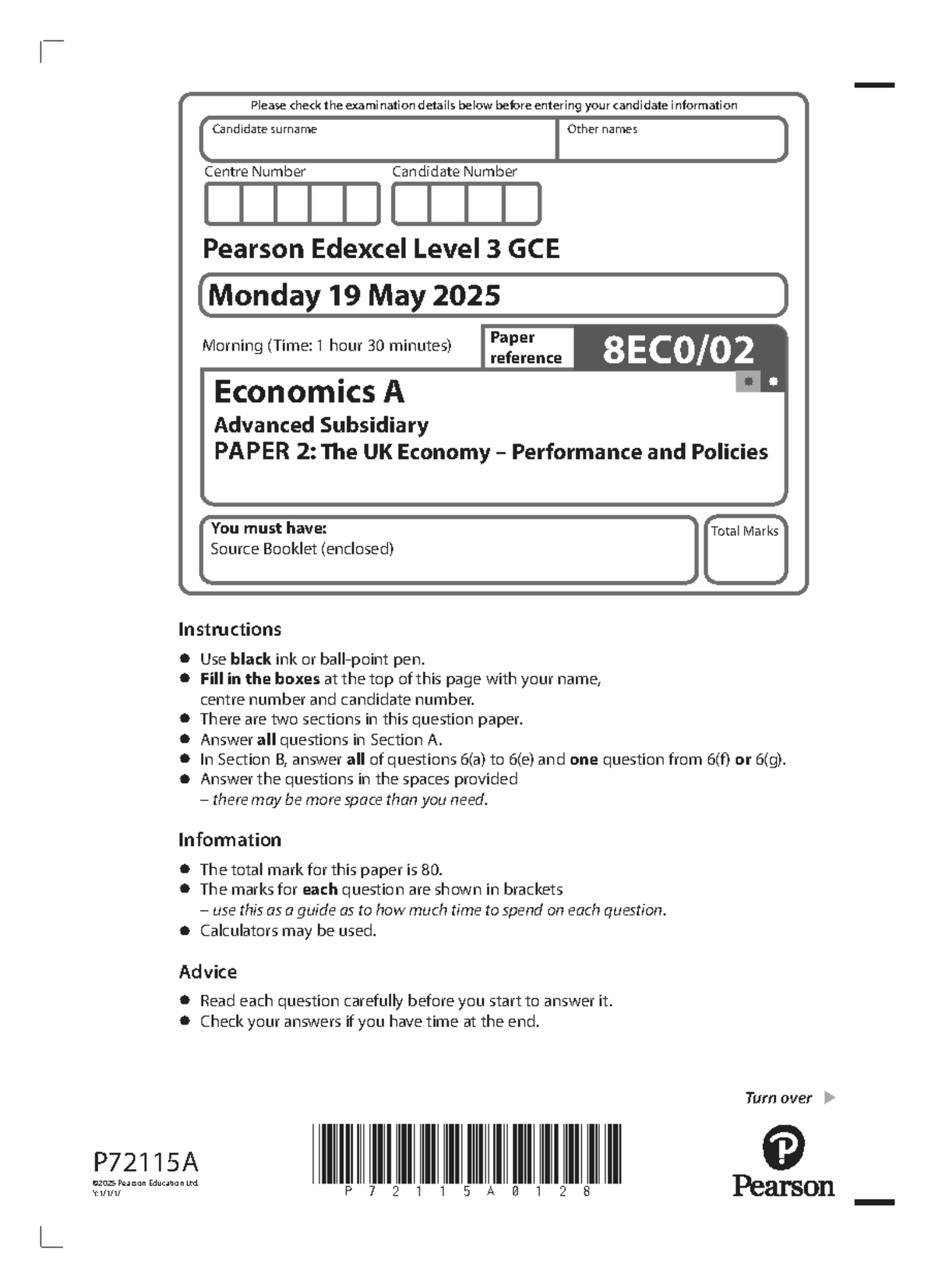Economics A (8EC0) Paper 2: The UK Economy Exam Instructions and ...