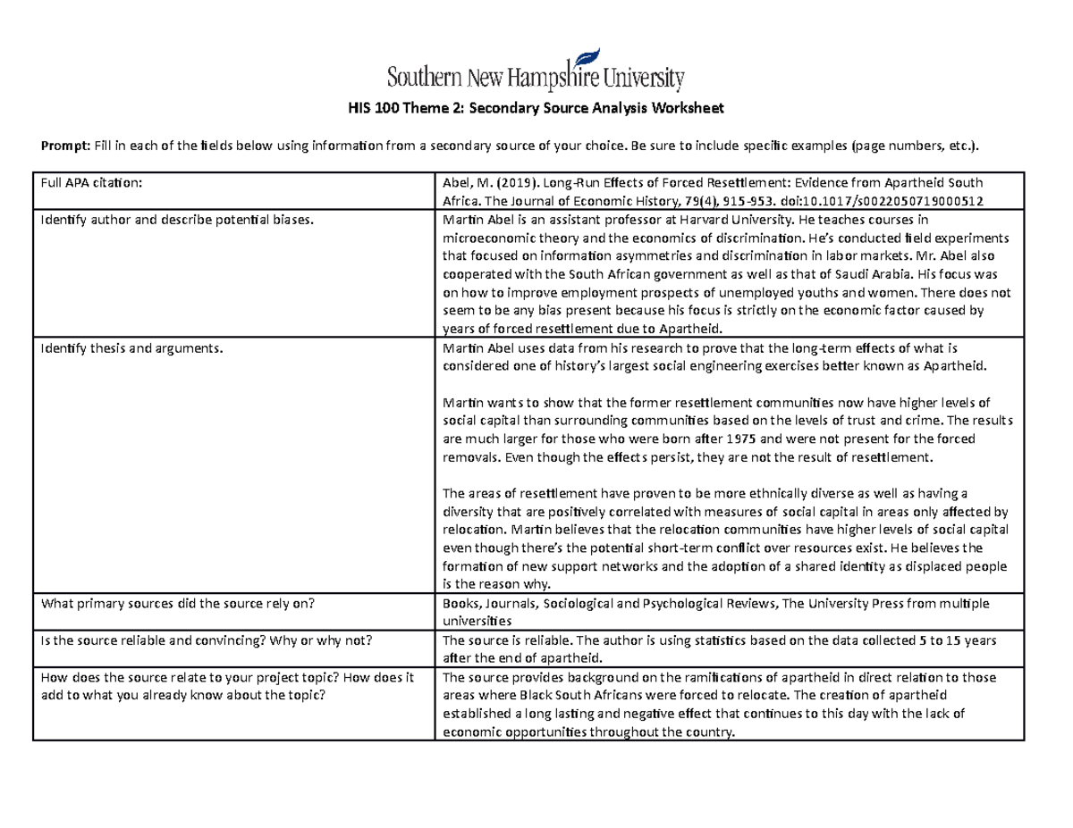 3-4-1 Activity Secondary Source Analysis Worksheet - HIS 100 Theme 2 ...