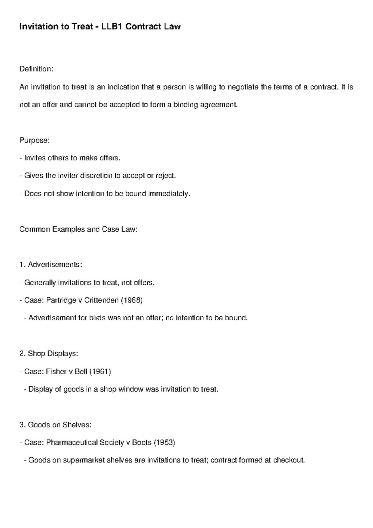 LLB1 Contract Law: Understanding Invitation to Treat in Contracts - Studocu