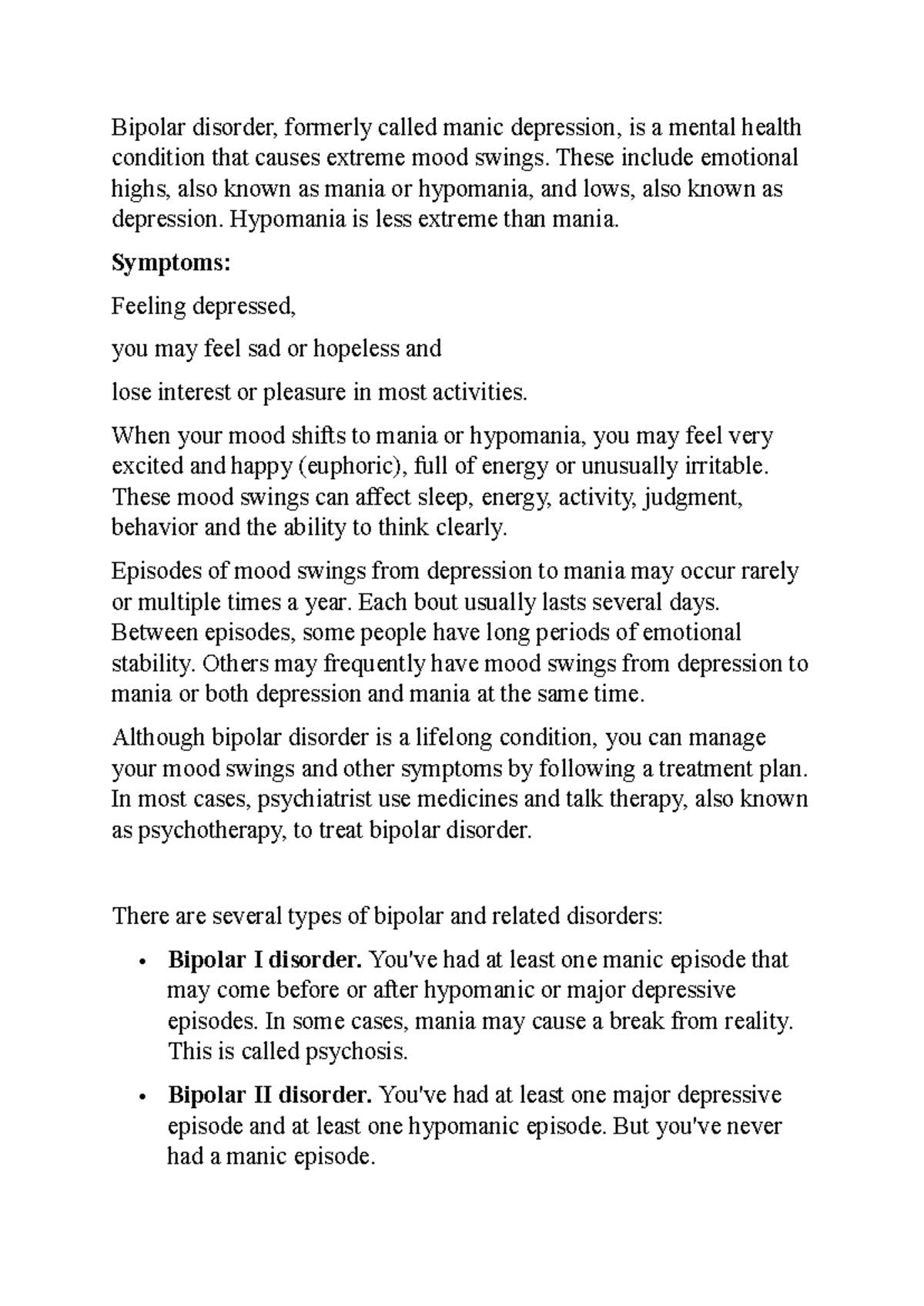 BPD 101: Comprehensive Notes on Bipolar Disorder Management - Studocu