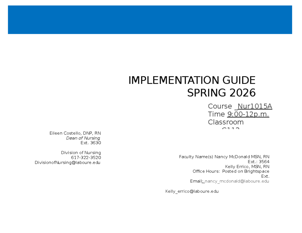 Spring 2026 Nursing Course Implementation Guide (Nur1015A) - Studocu