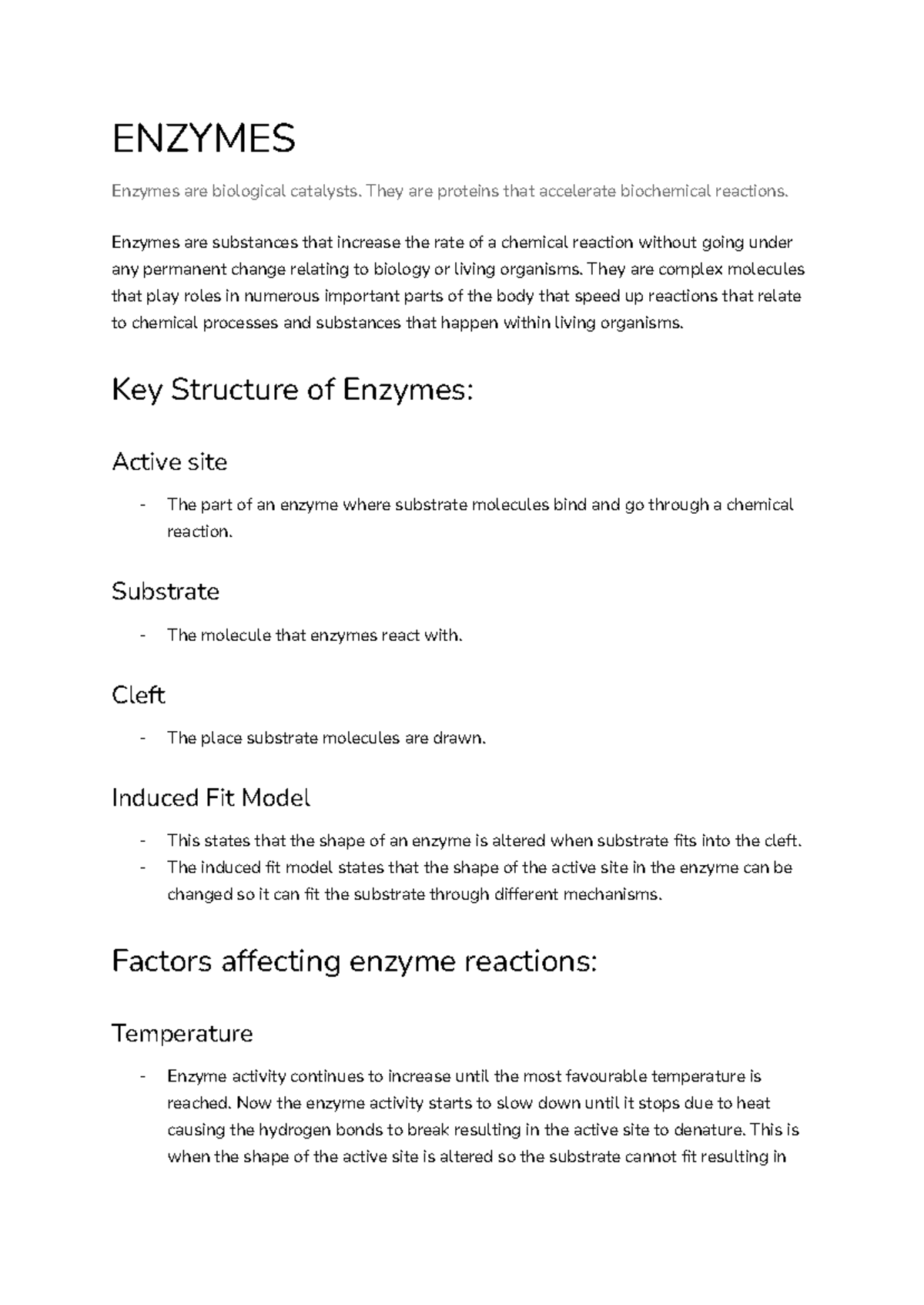 Enzymes - Key Notes and Concepts for Biology Course (BIO101) - Studocu