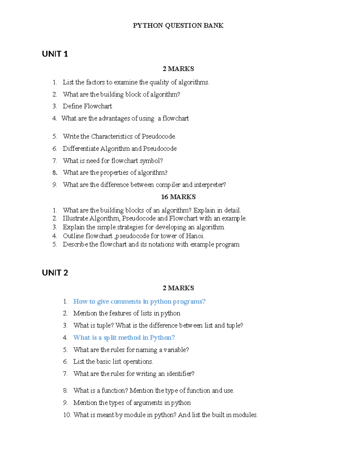 PYTHON QUESTION BANK UNIT 1-4: 2 & 16 MARKS QUESTIONS - Studocu