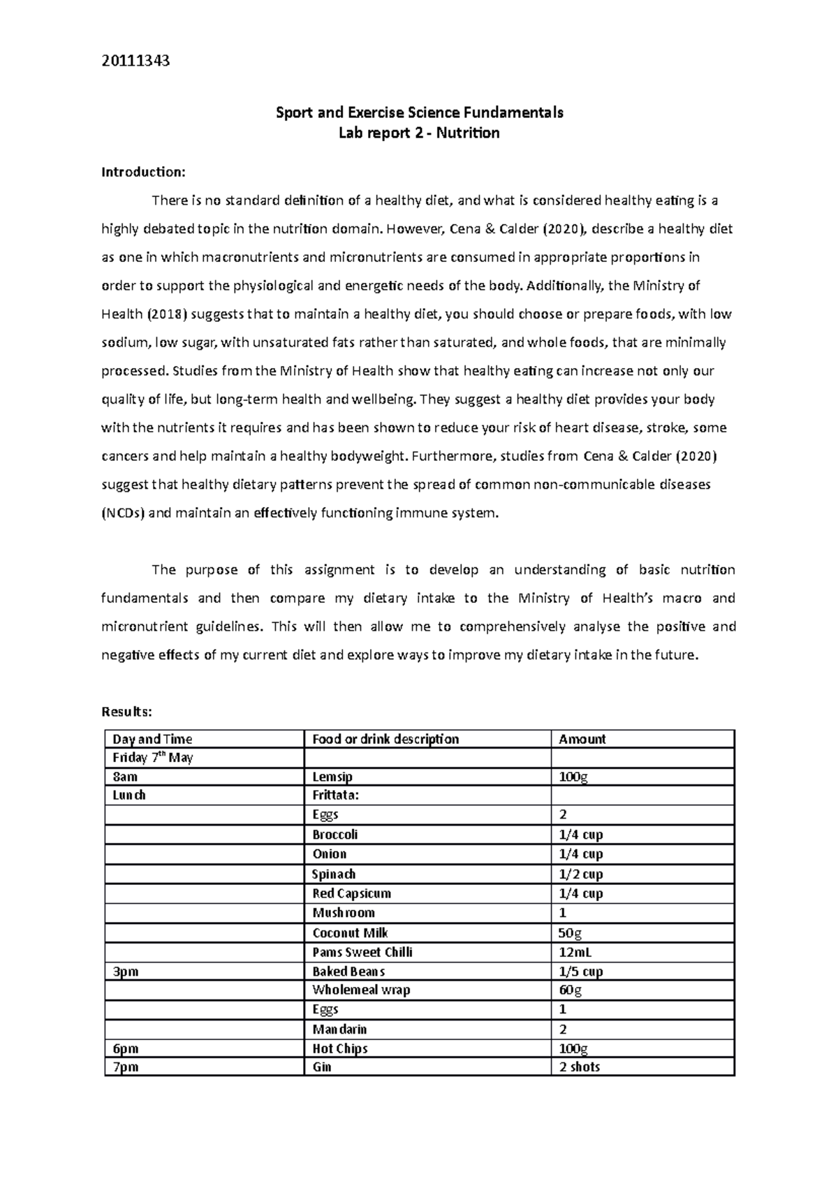 Lab Report 2 - Nutrition - Sport and Exercise Science Fundamentals Lab ...