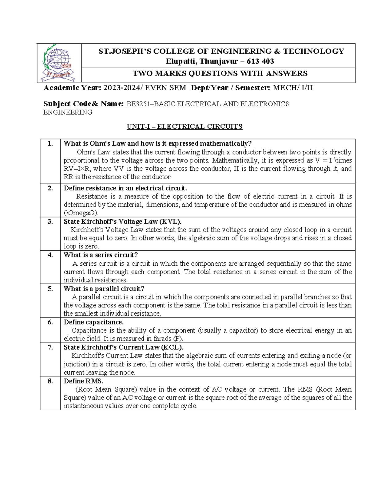 BEEE 2 Marks Questions & Answers - Electrical & Electronics Engineering ...