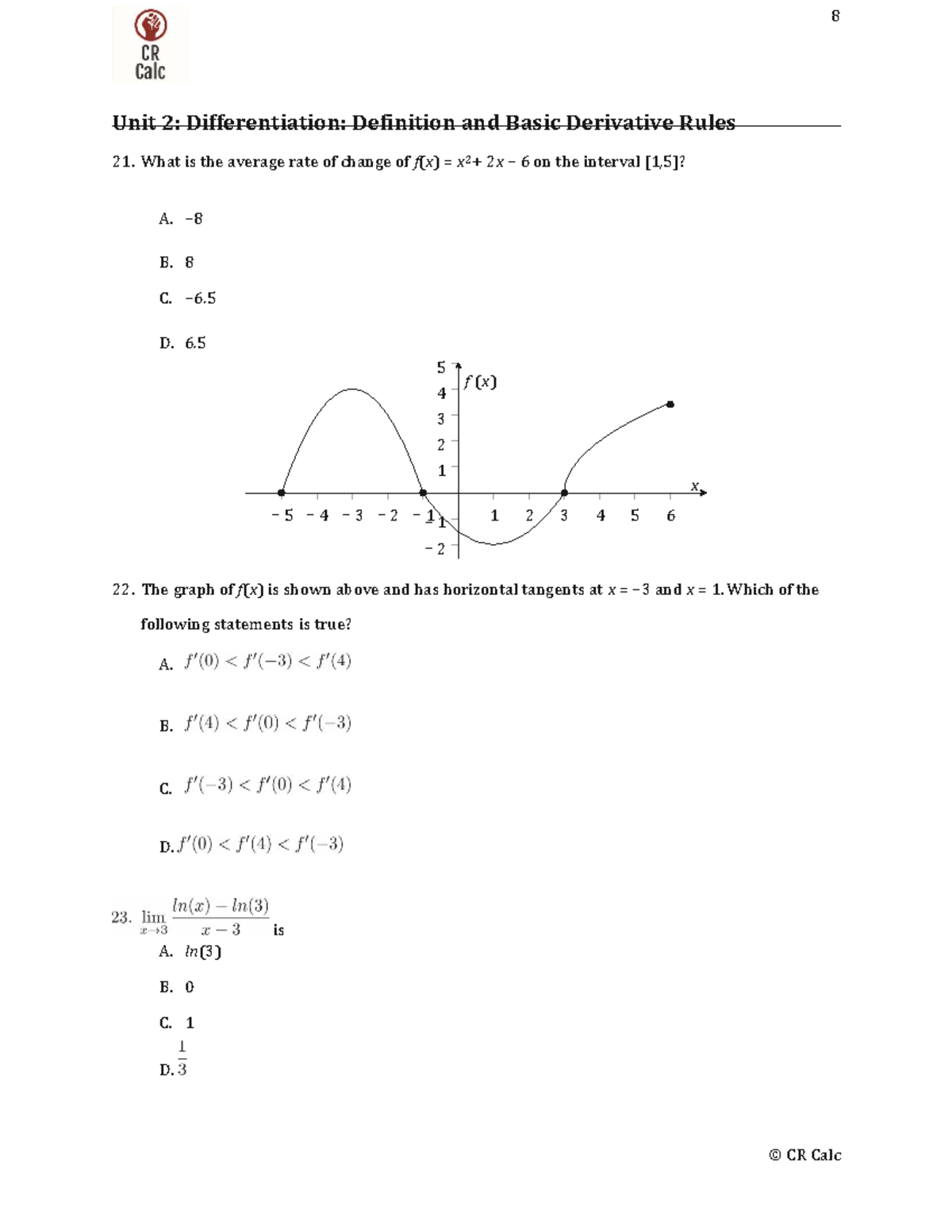 MCQ Unit 2: Differentiation Concepts and Practice Questions CR Calc ...