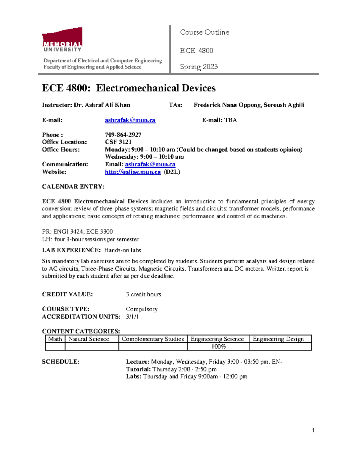 ECE 4800 - Electromechanical Devices Course Outline Spring 2023 - Studocu
