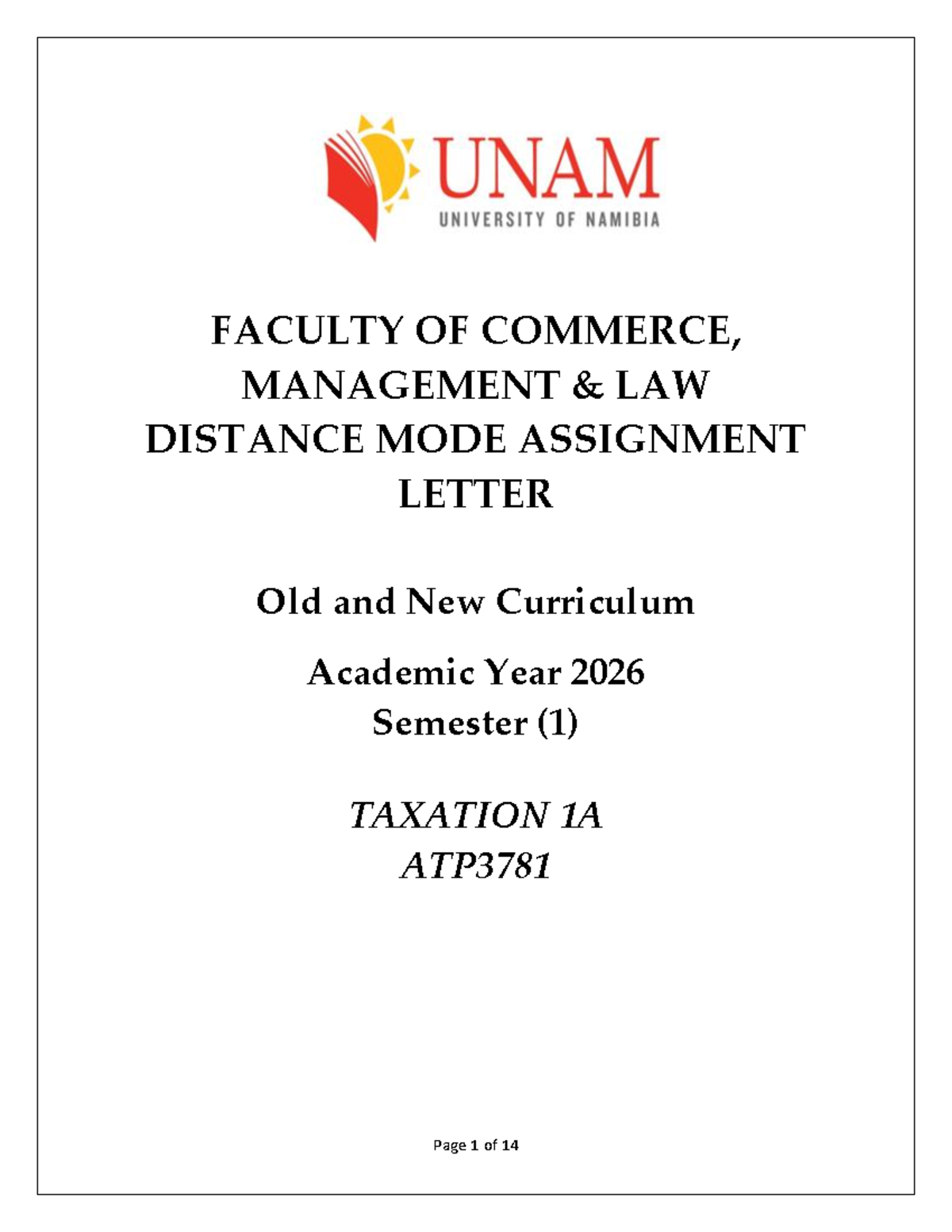 ATP3781 Distance Mode Assignment Letter for 2026 Semester 1 - Studocu