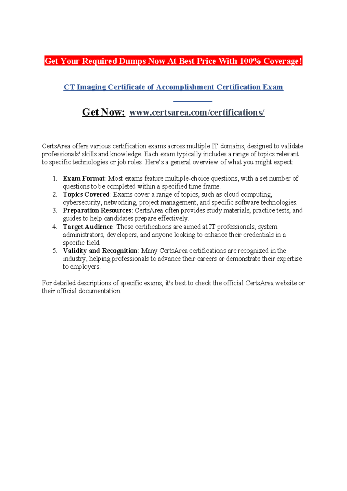 CT Imaging Certificate of Accomplishment Certification Exam - Each exam ...