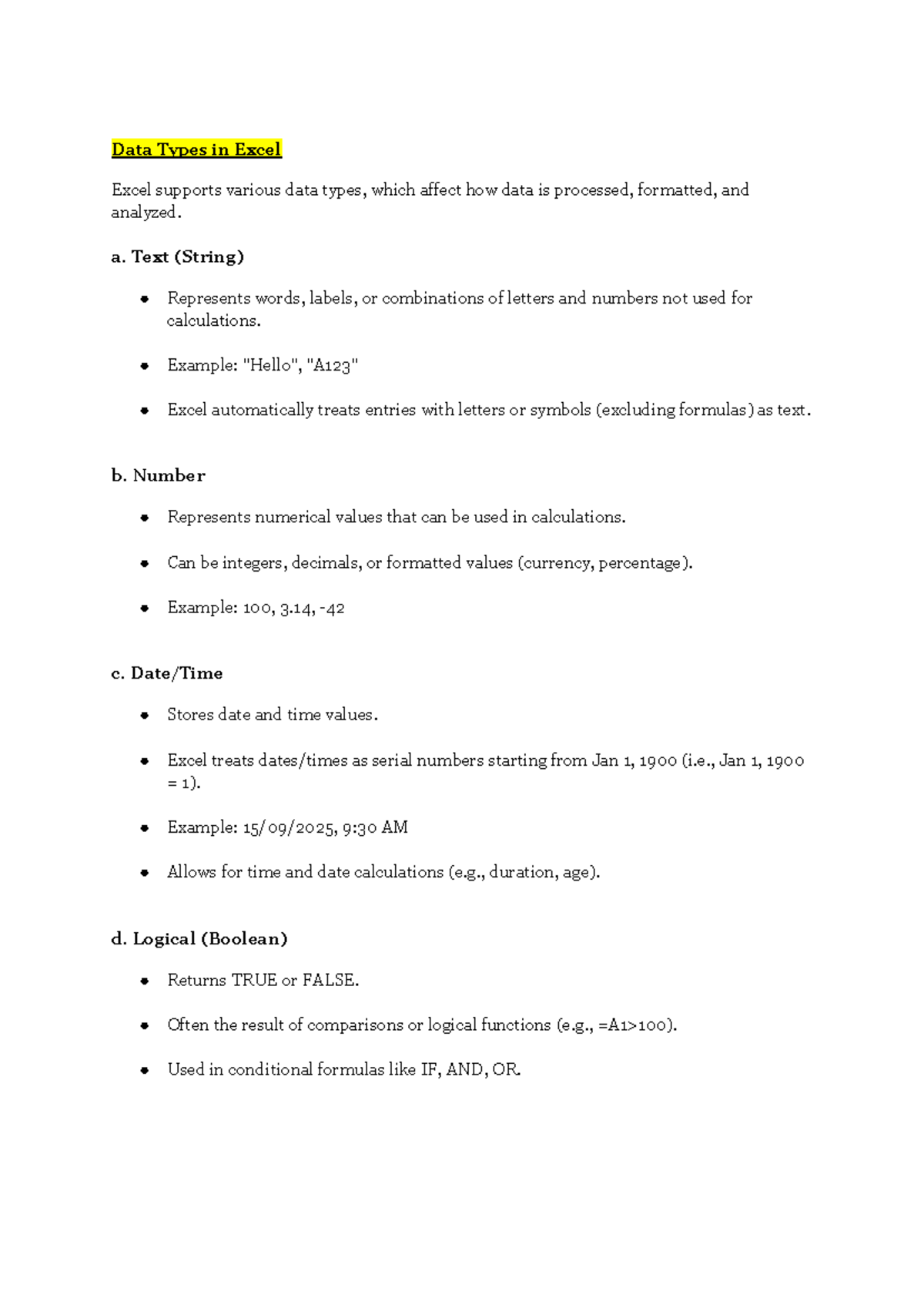 Unit 1 DAE - Data Types and Functions in Excel - Studocu