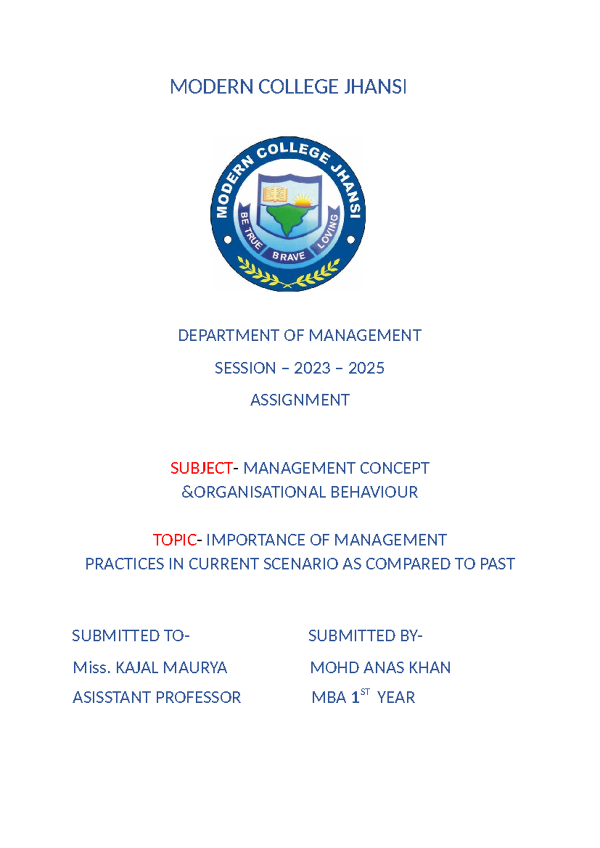 Management concept cover page - Masters of Business Administration ...