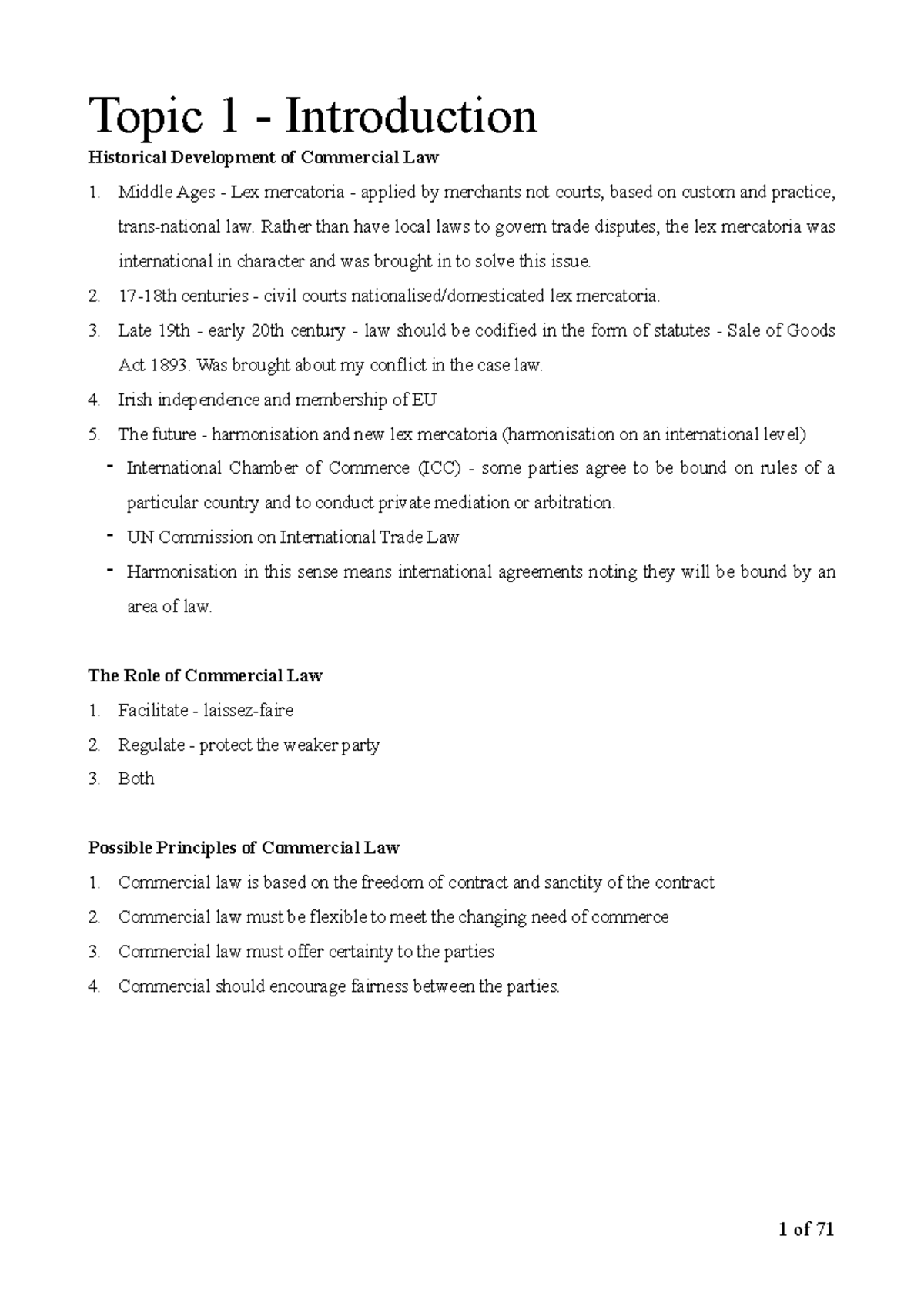 Commercial Law 1 Notes Wk 1-12 - Topic 1 - Introduction Historical ...