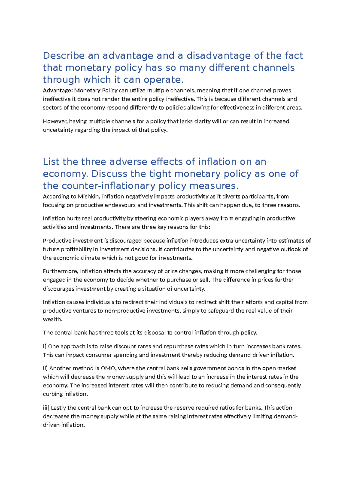 ECS3701 Final Exam Notes on Monetary Policy and Inflation Effects - Studocu