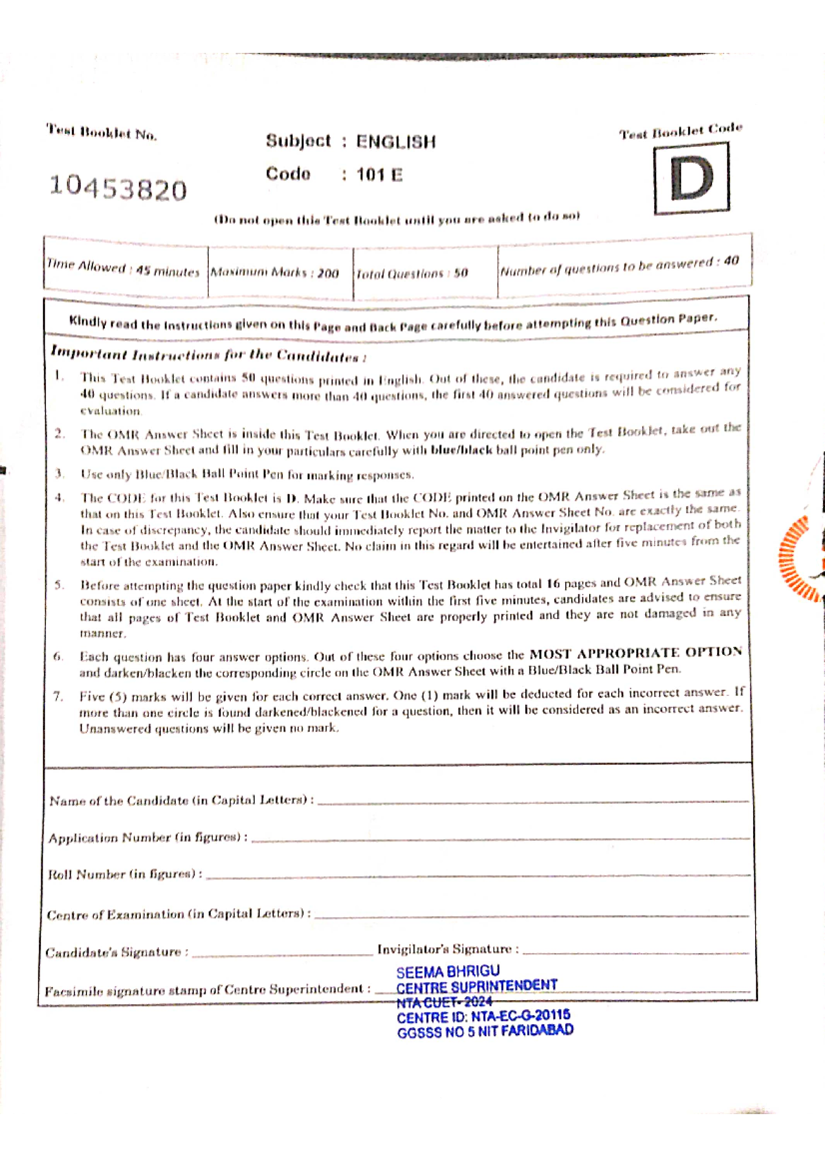 General TEST CUET Paper 2024 SET D - Test Booklet No. Subject : ENGLISH ...