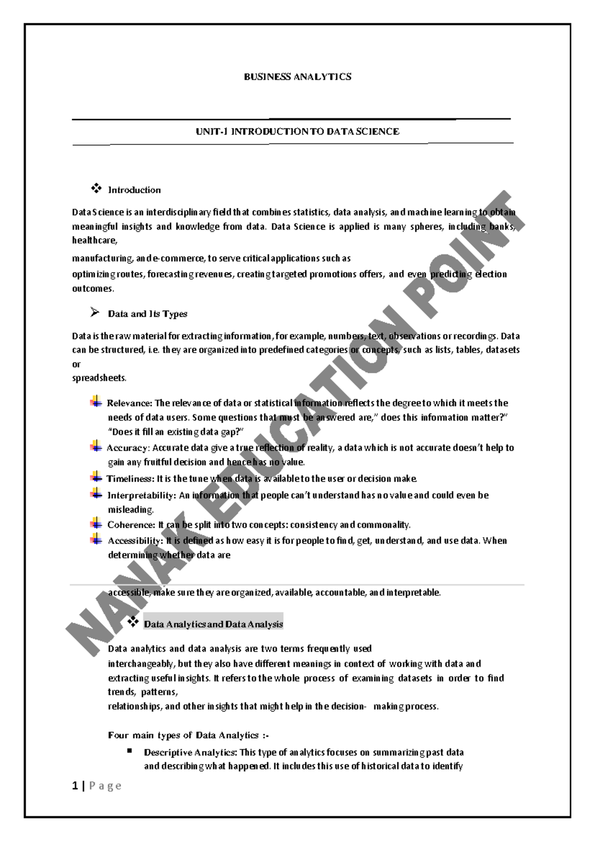 BUSINESS ANALYTICS (BA101) INTRODUCTION TO DATA SCIENCE NOTES - Studocu