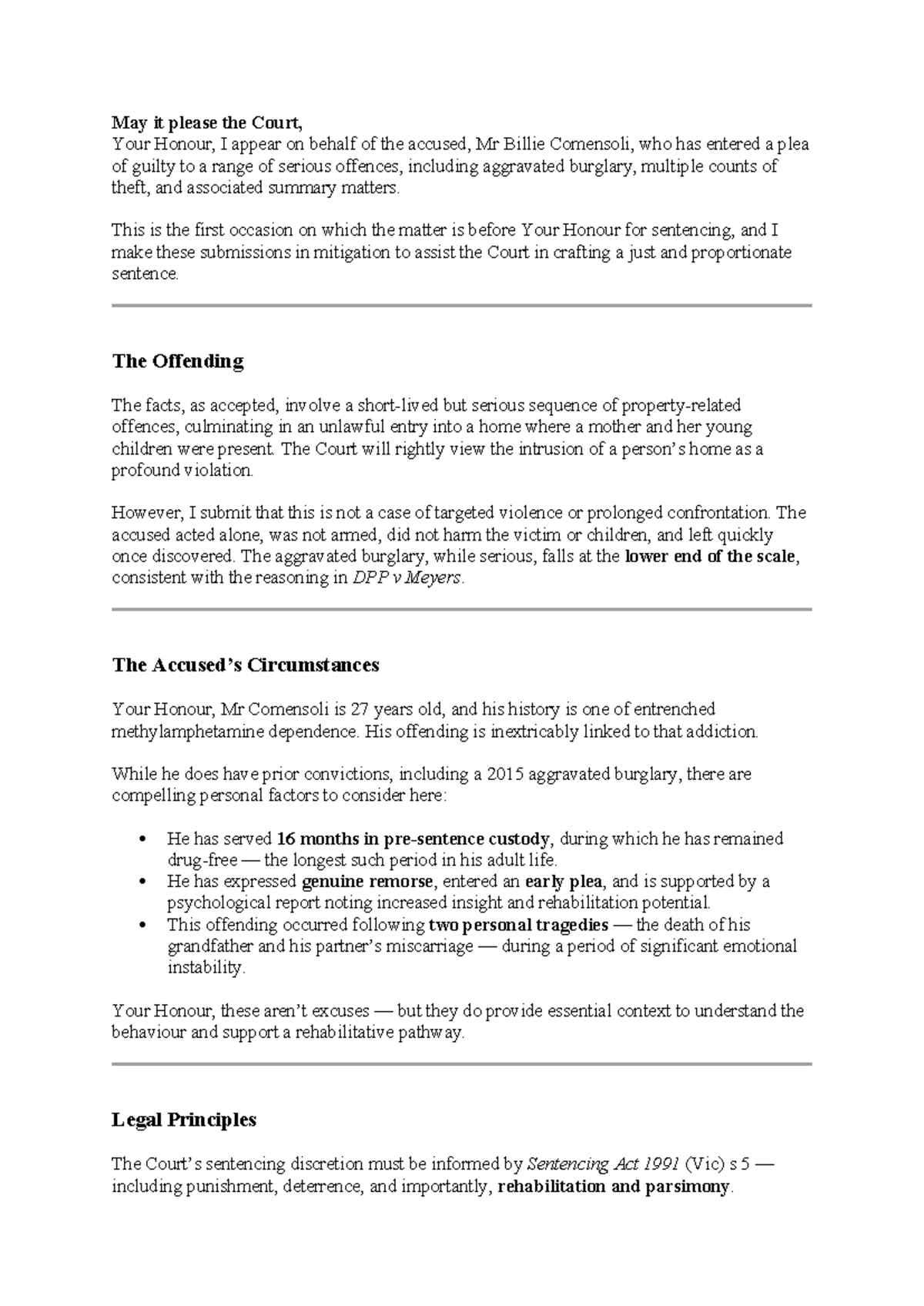 Sentencing Mitigation Submissions for Mr. Billie Comensoli - Legal ...