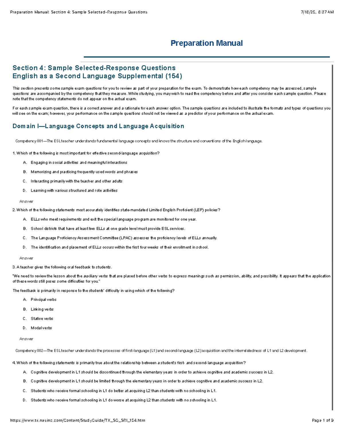 Preparation Manual: Section 4 - Sample Questions for ESL Educators (154 ...
