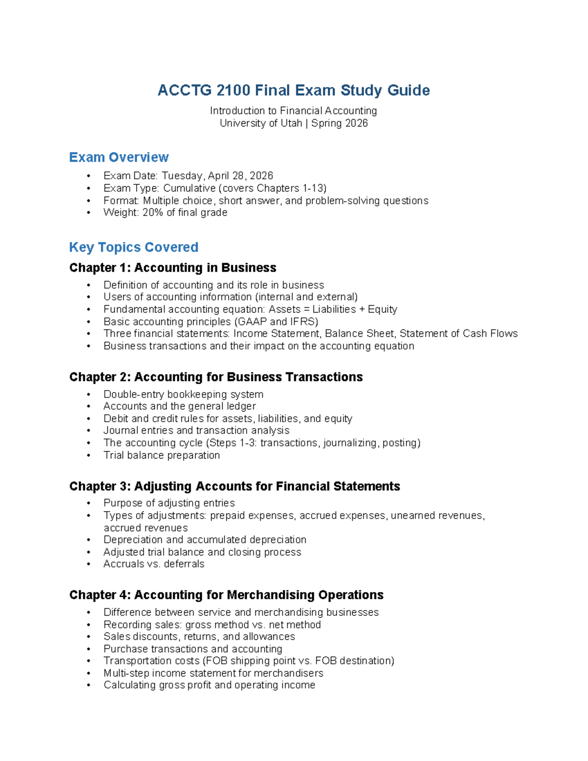 ACCTG 2100 Final Exam Study Guide: Key Topics in Financial Accounting ...
