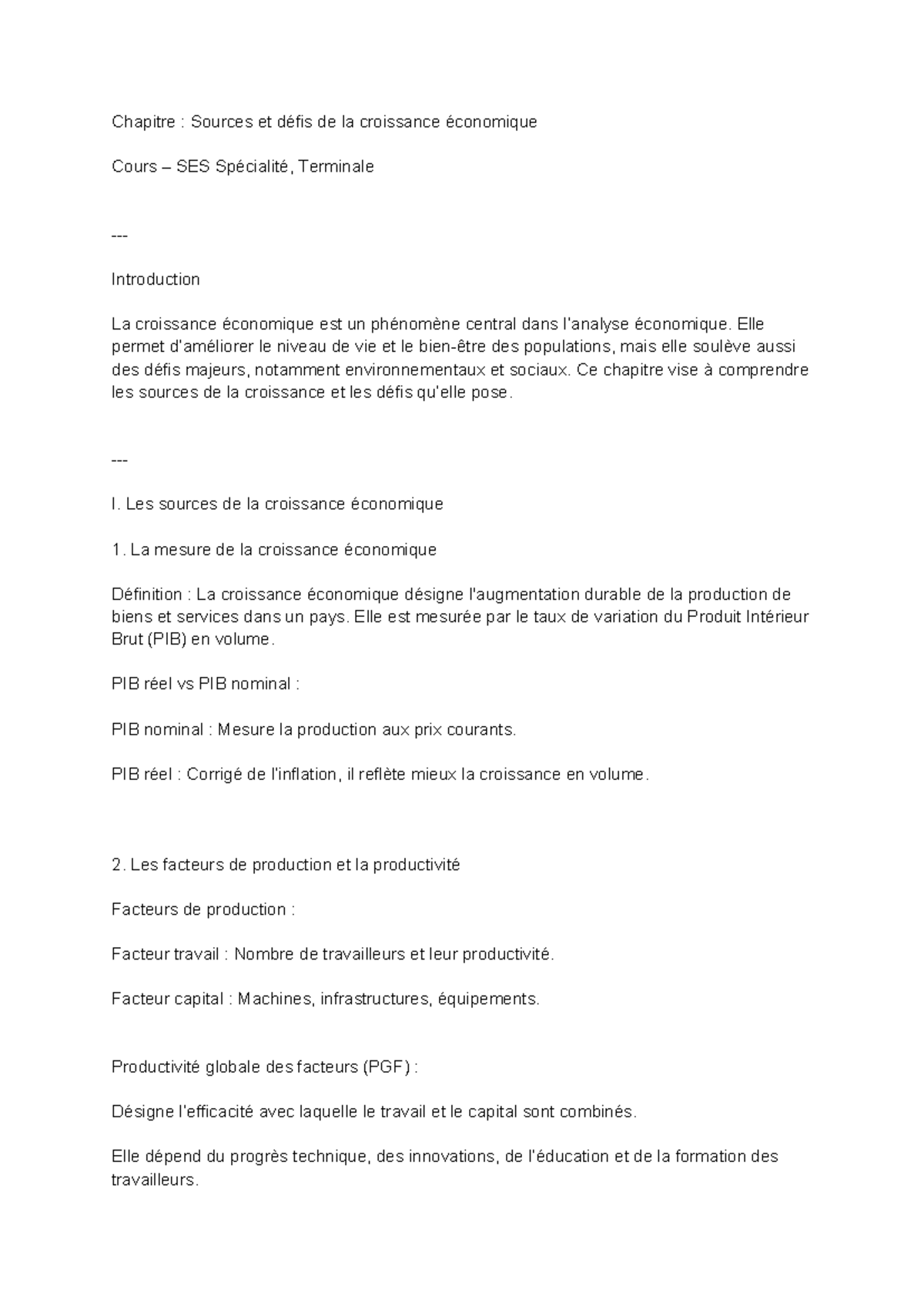 Chapitre 1 : Sources et Défis de la Croissance Économique - Cours SES ...