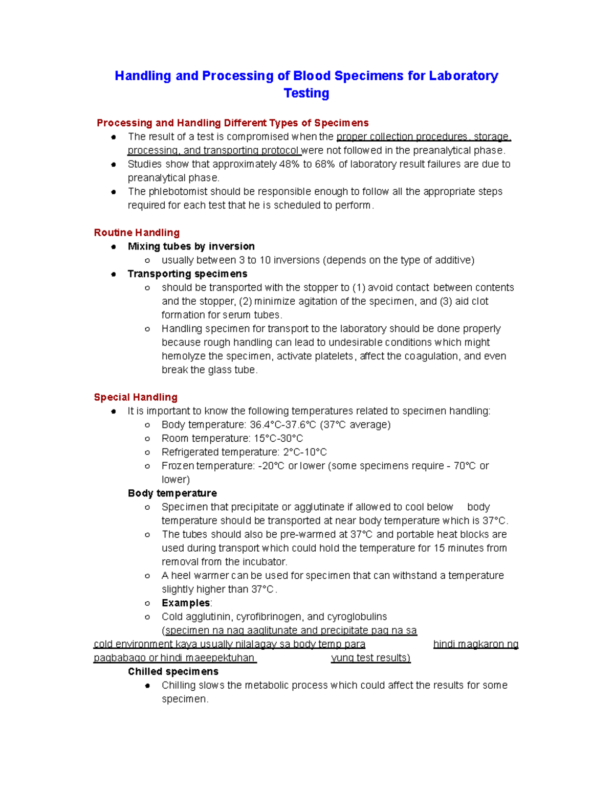 PMLS Lec 9: Handling & Processing Blood Specimens for Testing - Studocu
