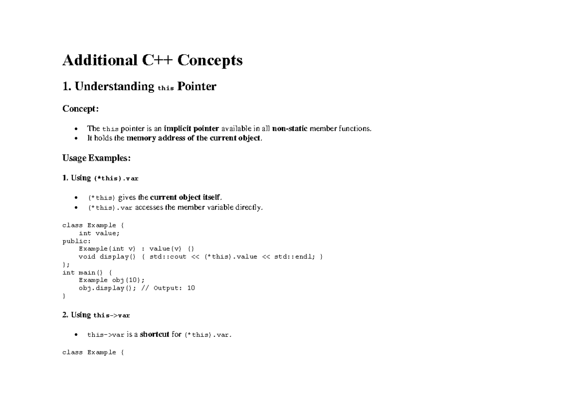 C++ Additional Concepts: Understanding the this Pointer and STL - Studocu