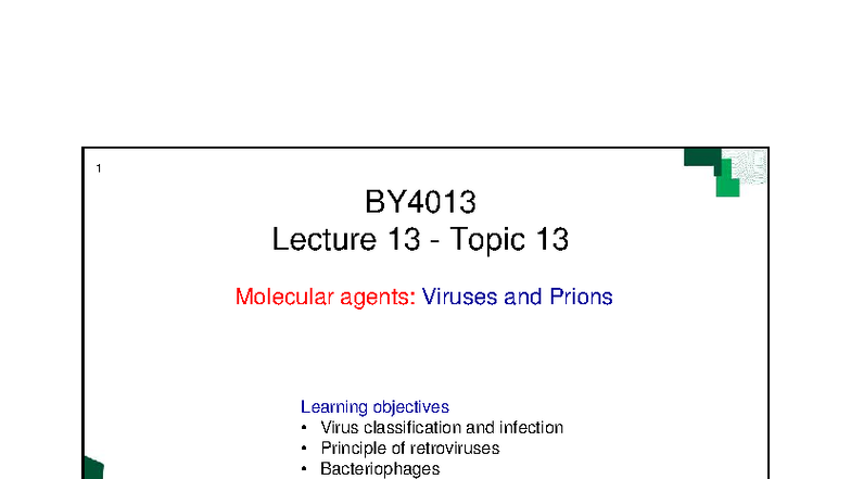 BY4013 Lecture 13: Viruses and Prions Overview and Key Concepts - Studocu